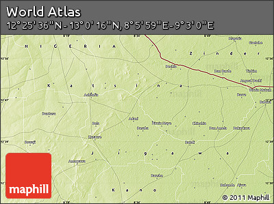 Physical Map of the Area around 12° 42' 56" N, 8° 34' 29" E