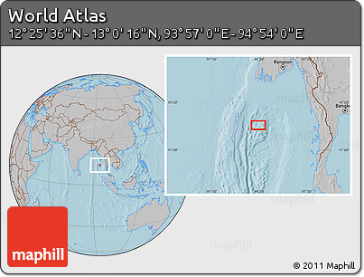 Gray Location Map of the Area around 12° 42' 56" N, 94° 25' 30" E, hill shading