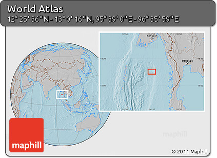 Gray Location Map of the Area around 12° 42' 56" N, 96° 7' 30" E, hill shading