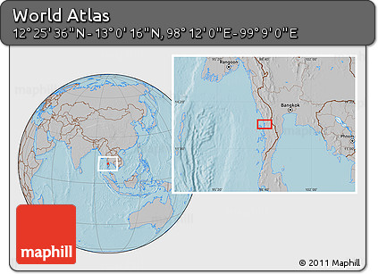 Gray Location Map of the Area around 12° 42' 56" N, 98° 40' 30" E, hill shading