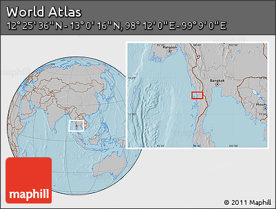 Gray Location Map of the Area around 12° 42' 56" N, 98° 40' 30" E, hill shading