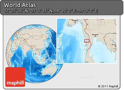 Shaded Relief Location Map of the Area around 12° 42' 56" N, 98° 40' 30" E
