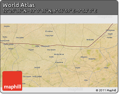 Satellite 3D Map of the Area around 12° 42' 56" N, 9° 25' 30" E