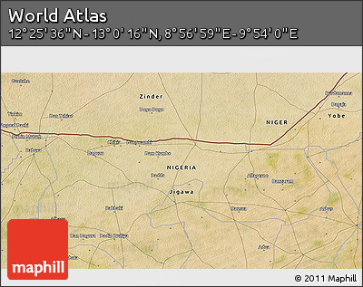 Satellite 3D Map of the Area around 12° 42' 56" N, 9° 25' 30" E