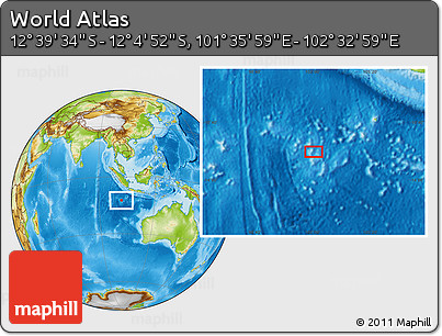 Physical Location Map of the Area around 12° 22' 13" S, 102° 4' 29" E