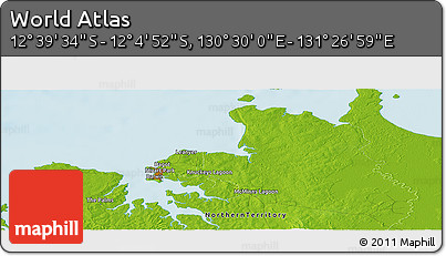 Physical Panoramic Map of the Area around 12° 22' 13" S, 130° 58' 29" E