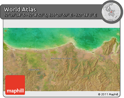 Satellite 3D Map of the Area around 12° 22' 13" S, 131° 49' 29" E