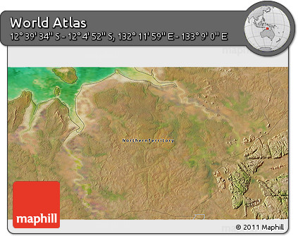 Satellite 3D Map of the Area around 12° 22' 13" S, 132° 40' 30" E