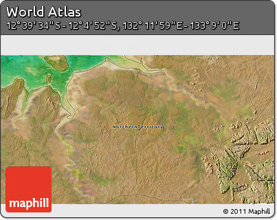 Satellite 3D Map of the Area around 12° 22' 13" S, 132° 40' 30" E