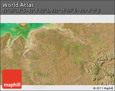 Satellite 3D Map of the Area around 12° 22' 13" S, 132° 40' 30" E