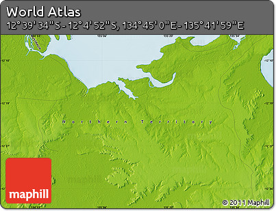 Physical Map of the Area around 12° 22' 13" S, 135° 13' 29" E