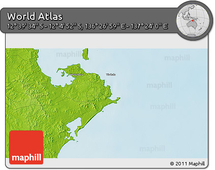 Physical 3D Map of the Area around 12° 22' 13" S, 136° 55' 30" E