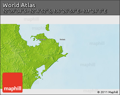 Physical 3D Map of the Area around 12° 22' 13" S, 136° 55' 30" E