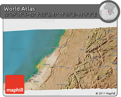 Satellite 3D Map of the Area around 12° 22' 13" S, 13° 40' 30" E