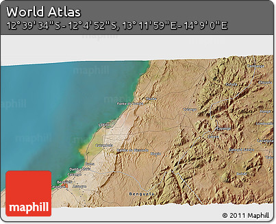Satellite 3D Map of the Area around 12° 22' 13" S, 13° 40' 30" E
