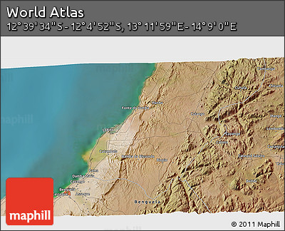 Satellite 3D Map of the Area around 12° 22' 13" S, 13° 40' 30" E