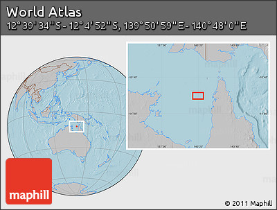 Gray Location Map of the Area around 12° 22' 13" S, 140° 19' 29" E, hill shading