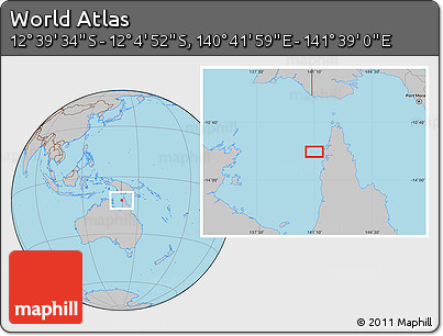 Gray Location Map of the Area around 12° 22' 13" S, 141° 10' 30" E
