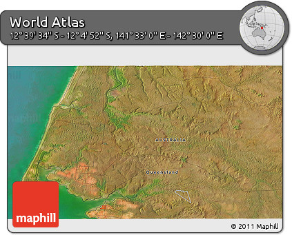 Satellite 3D Map of the Area around 12° 22' 13" S, 142° 1' 30" E