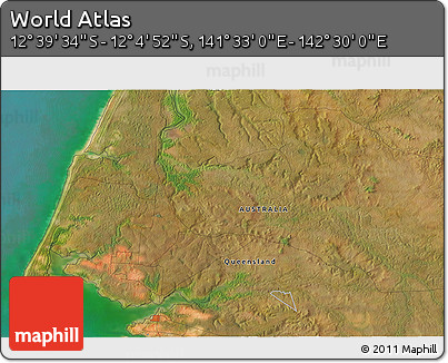 Satellite 3D Map of the Area around 12° 22' 13" S, 142° 1' 30" E