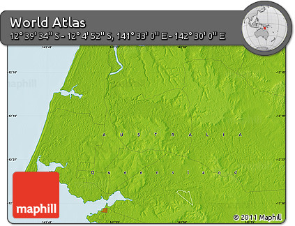 Physical Map of the Area around 12° 22' 13" S, 142° 1' 30" E
