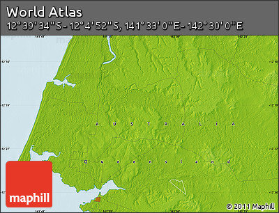 Physical Map of the Area around 12° 22' 13" S, 142° 1' 30" E