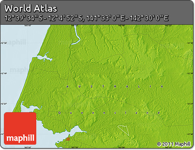 Physical Map of the Area around 12° 22' 13" S, 142° 1' 30" E