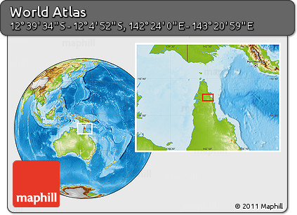 Physical Location Map of the Area around 12° 22' 13" S, 142° 52' 30" E