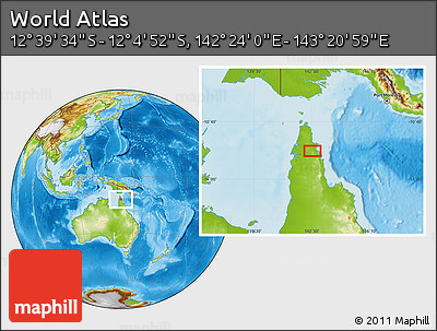 Physical Location Map of the Area around 12° 22' 13" S, 142° 52' 30" E