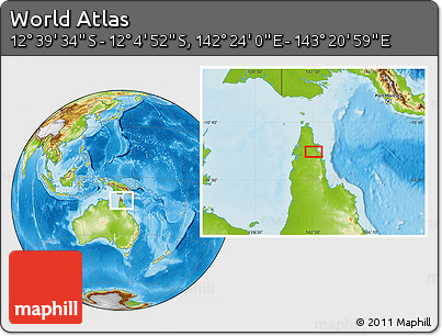 Physical Location Map of the Area around 12° 22' 13" S, 142° 52' 30" E