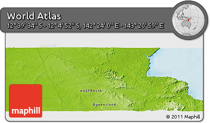 Physical Panoramic Map of the Area around 12° 22' 13" S, 142° 52' 30" E