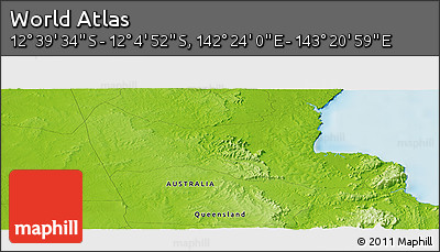 Physical Panoramic Map of the Area around 12° 22' 13" S, 142° 52' 30" E