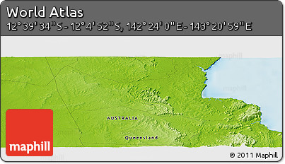 Physical Panoramic Map of the Area around 12° 22' 13" S, 142° 52' 30" E