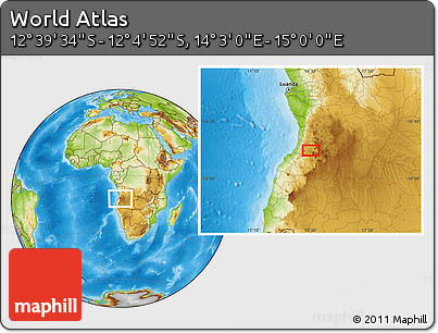 Physical Location Map of the Area around 12° 22' 13" S, 14° 31' 30" E