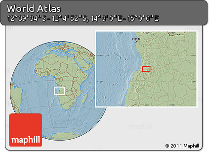 Savanna Style Location Map of the Area around 12° 22' 13" S, 14° 31' 30" E, hill shading
