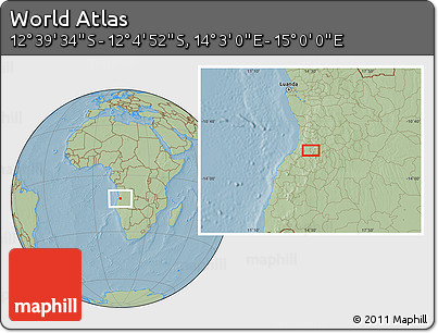 Savanna Style Location Map of the Area around 12° 22' 13" S, 14° 31' 30" E, hill shading