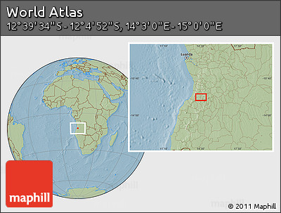 Savanna Style Location Map of the Area around 12° 22' 13" S, 14° 31' 30" E, hill shading