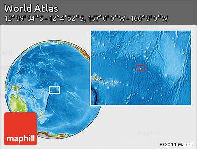 Physical Location Map of the Area around 12° 22' 13" S, 166° 31' 30" W