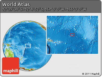 Physical Location Map of the Area around 12° 22' 13" S, 166° 31' 30" W