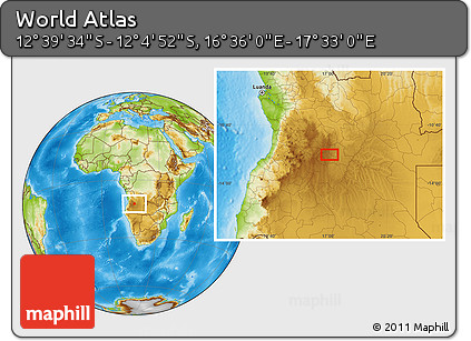 Physical Location Map of the Area around 12° 22' 13" S, 17° 4' 30" E