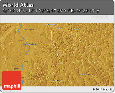 Physical 3D Map of the Area around 12° 22' 13" S, 17° 55' 29" E