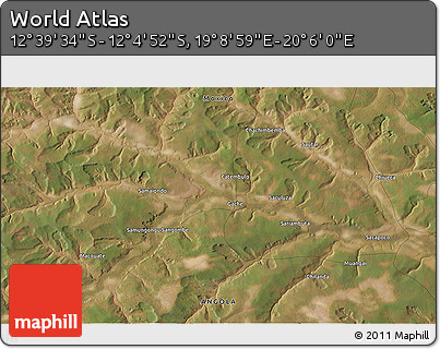 Satellite 3D Map of the Area around 12° 22' 13" S, 19° 37' 30" E
