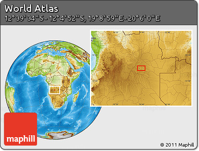 Physical Location Map of the Area around 12° 22' 13" S, 19° 37' 30" E