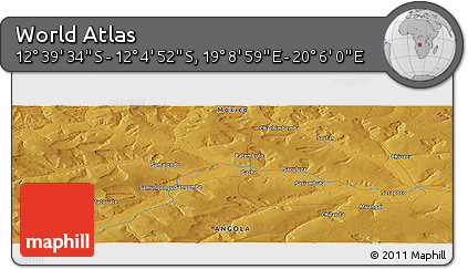 Physical Panoramic Map of the Area around 12° 22' 13" S, 19° 37' 30" E