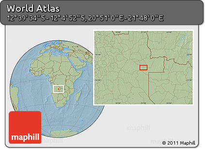 Savanna Style Location Map of the Area around 12° 22' 13" S, 21° 19' 30" E, hill shading