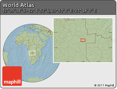 Savanna Style Location Map of the Area around 12° 22' 13" S, 21° 19' 30" E, hill shading