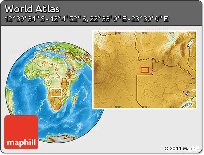 Physical Location Map of the Area around 12° 22' 13" S, 23° 1' 29" E