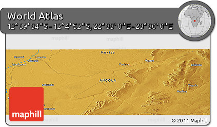 Physical Panoramic Map of the Area around 12° 22' 13" S, 23° 1' 29" E