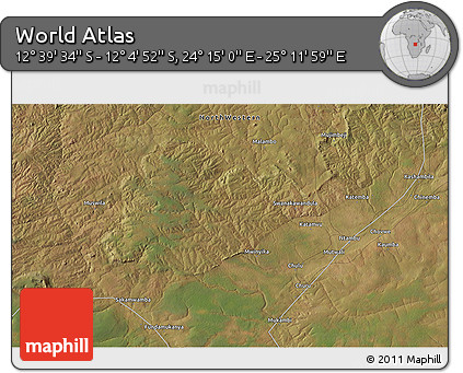 Satellite 3D Map of the Area around 12° 22' 13" S, 24° 43' 30" E