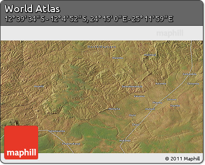 Satellite 3D Map of the Area around 12° 22' 13" S, 24° 43' 30" E